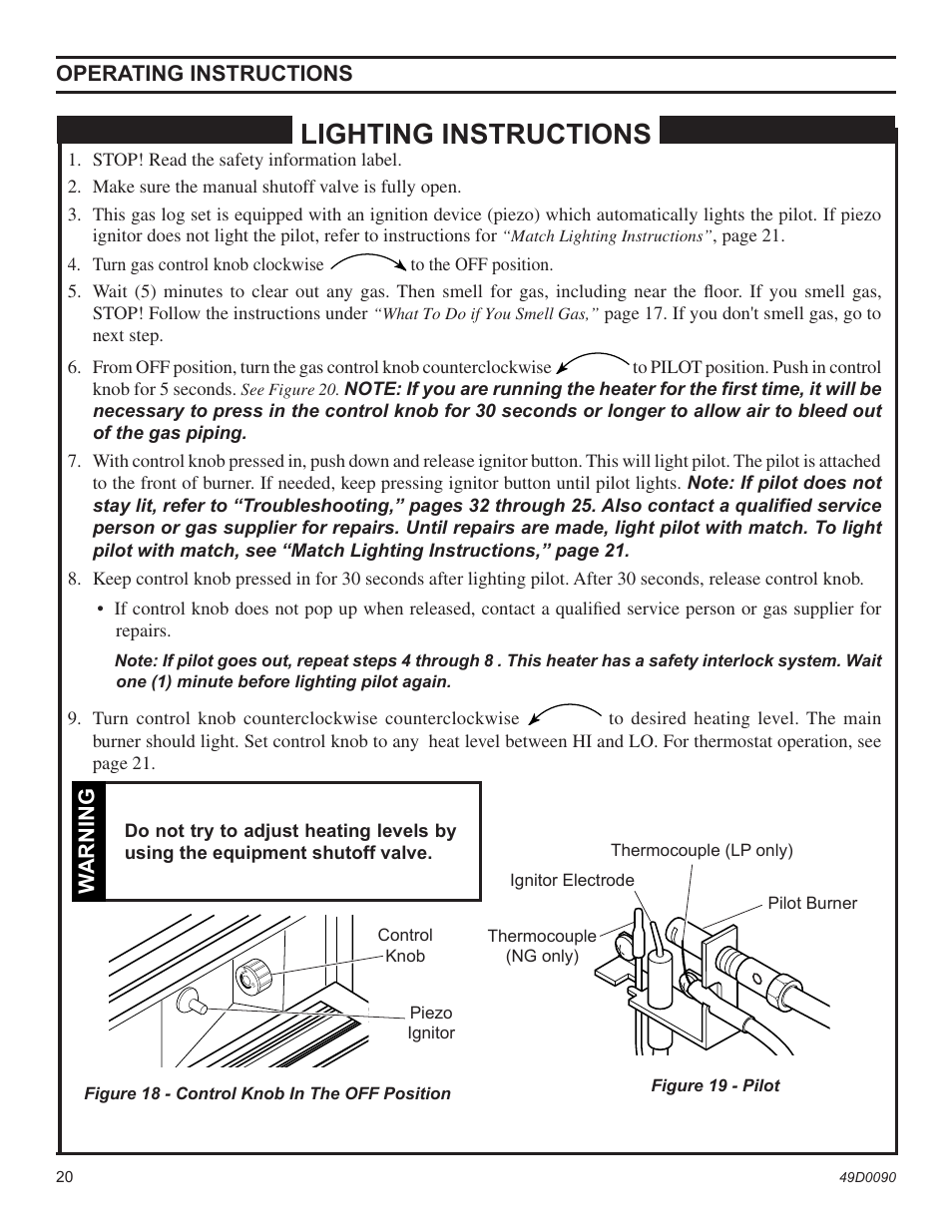 Lighting instructions, Operating instructions, Warning | Monessen Hearth BTU/Hr User Manual | Page 20 / 32