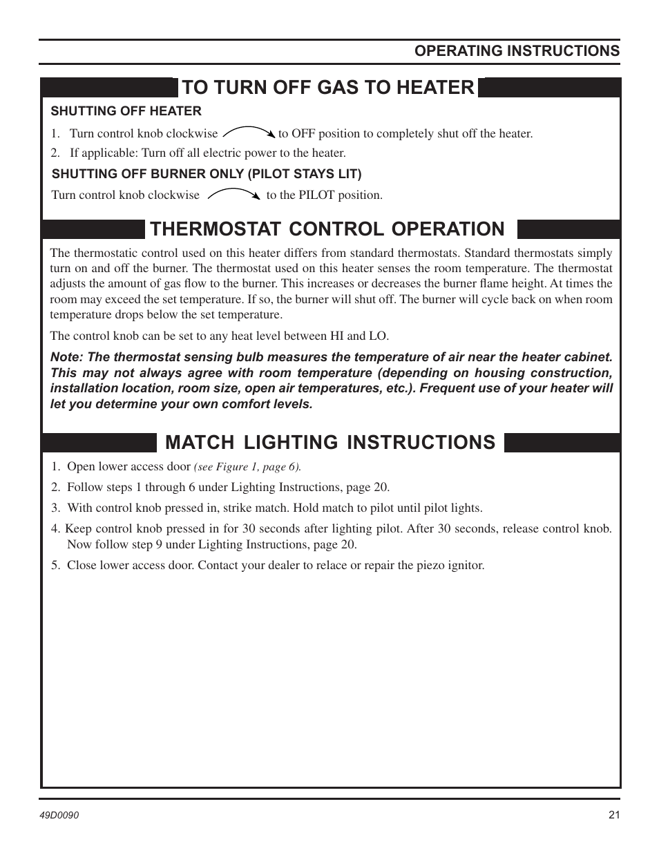 Thermostat control operation, Match lighting instructions | Monessen Hearth BTU/Hr User Manual | Page 21 / 32