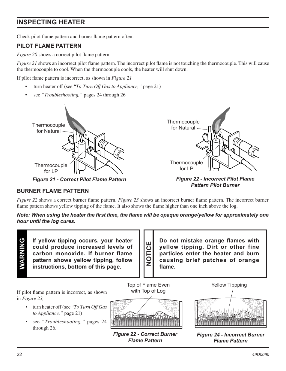 Inspecting heater, Warning, Notice | Monessen Hearth BTU/Hr User Manual | Page 22 / 32