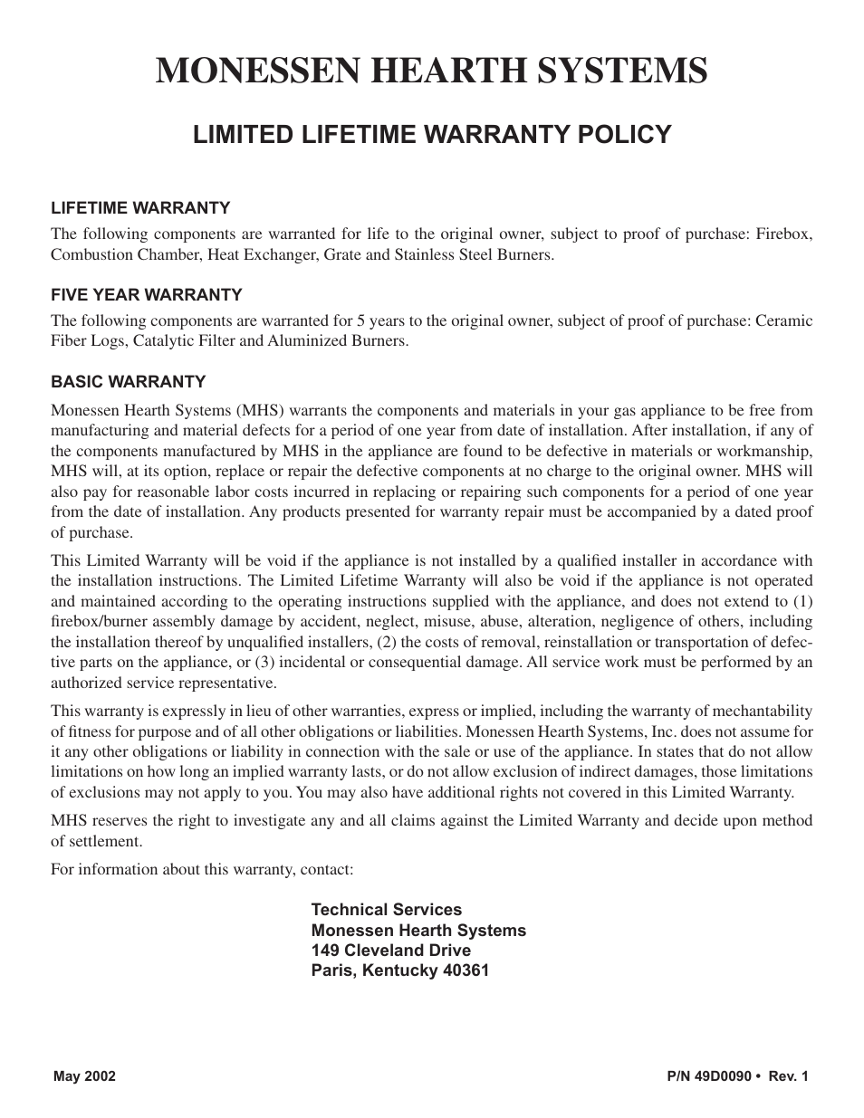 Monessen hearth systems, Limited lifetime warranty policy | Monessen Hearth BTU/Hr User Manual | Page 32 / 32