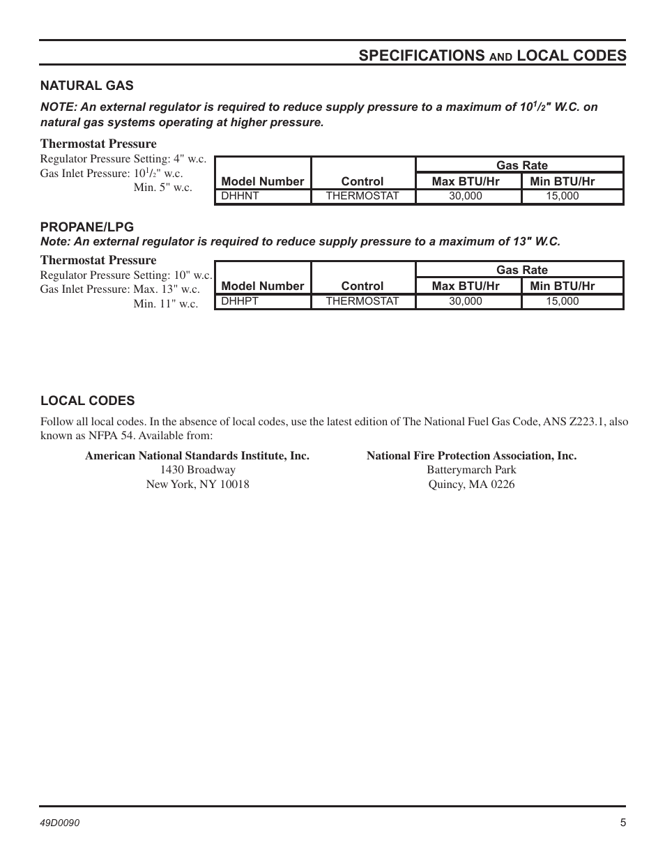 Specifications, Local codes | Monessen Hearth BTU/Hr User Manual | Page 5 / 32