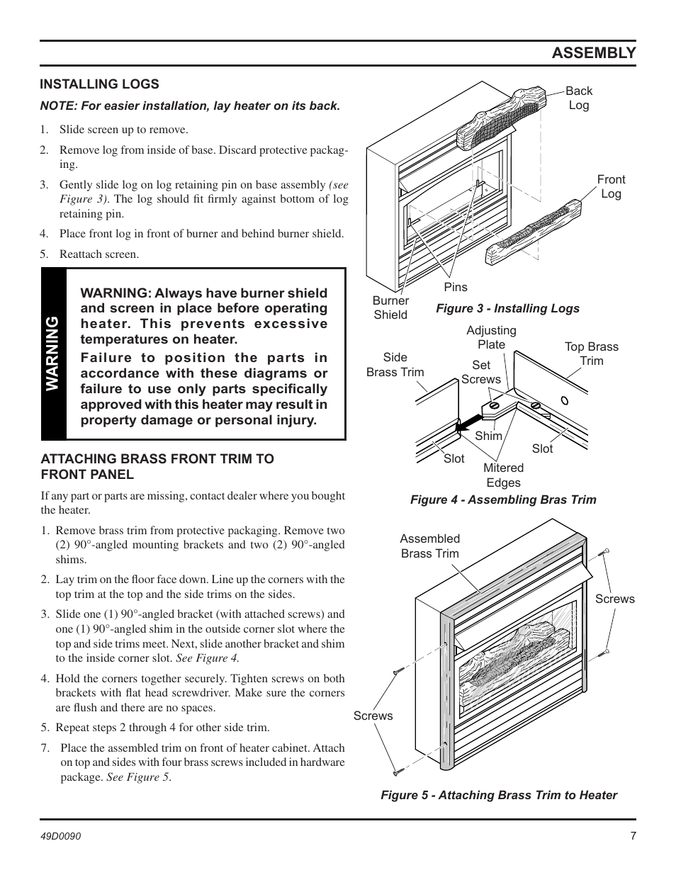 Warning, Assembly | Monessen Hearth BTU/Hr User Manual | Page 7 / 32