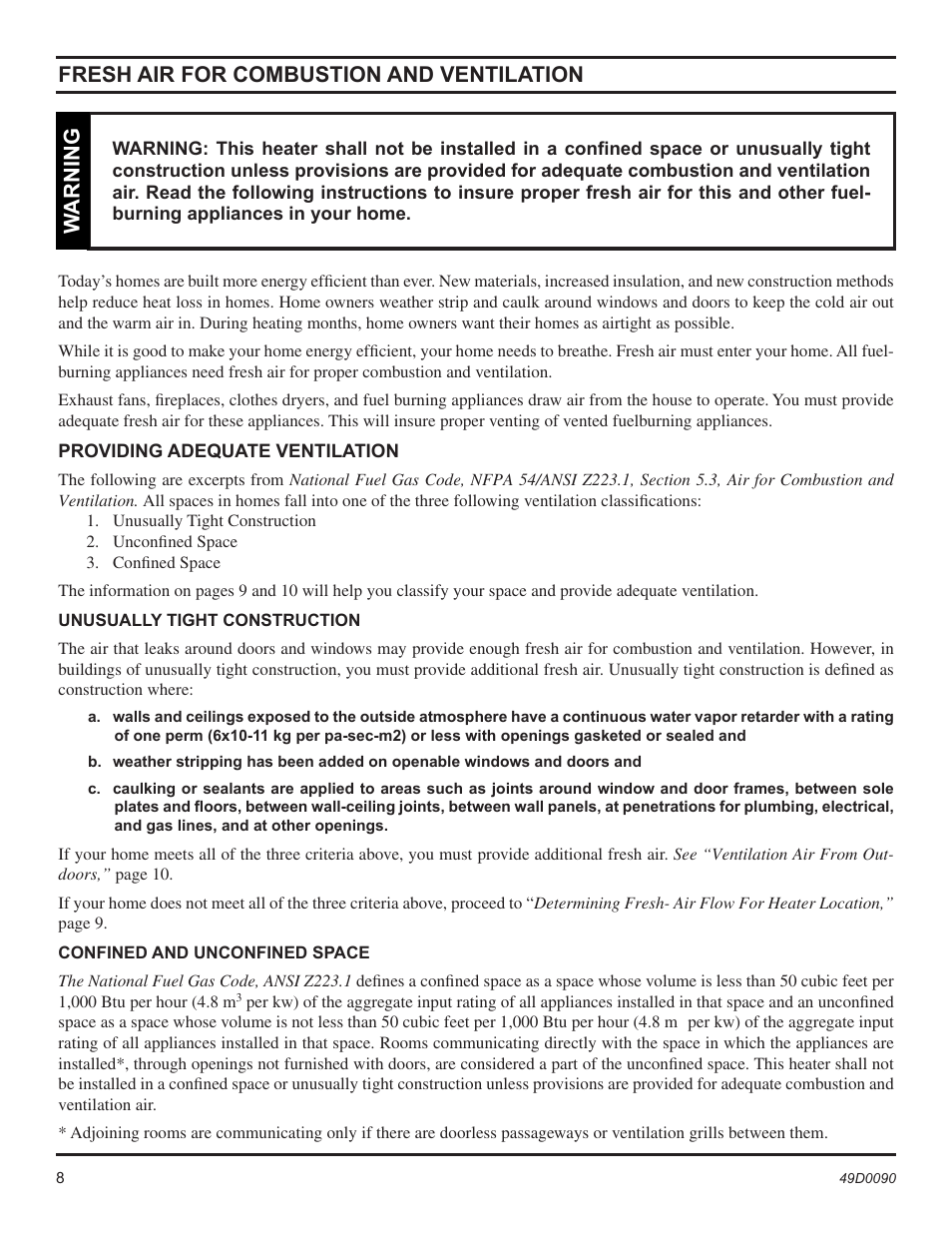 Fresh air for combustion and ventilation, Warning | Monessen Hearth BTU/Hr User Manual | Page 8 / 32
