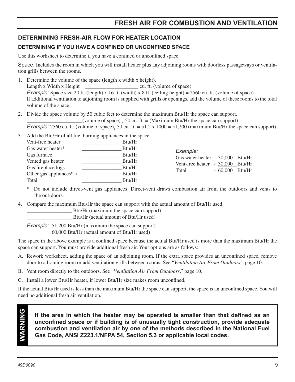 Fresh air for combustion and ventilation, Warning | Monessen Hearth BTU/Hr User Manual | Page 9 / 32