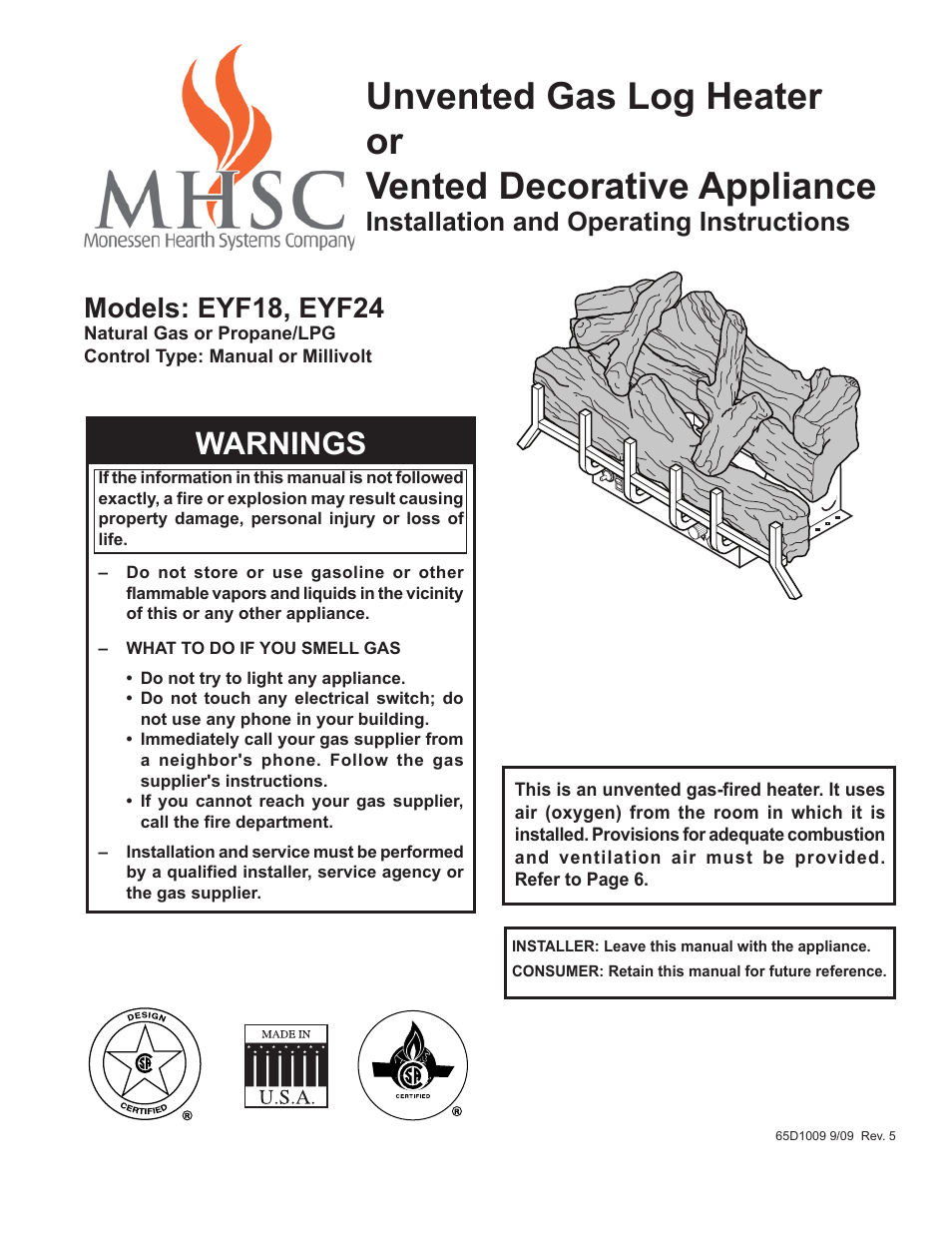 Monessen Hearth EYF18 User Manual | 32 pages