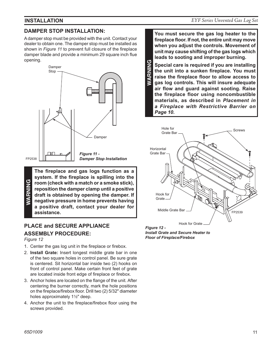 Fp2538 damper stop, Fp2539 install grate, Warning | Place and secure appliance assembly procedure | Monessen Hearth EYF18 User Manual | Page 11 / 32