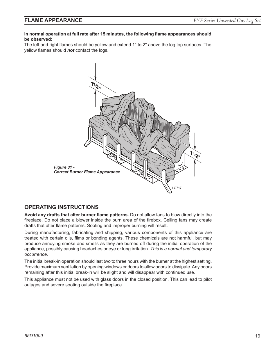 Eyf series unvented gas log set flame appearance, Operating instructions, Lg717 eyf flame height | Monessen Hearth EYF18 User Manual | Page 19 / 32