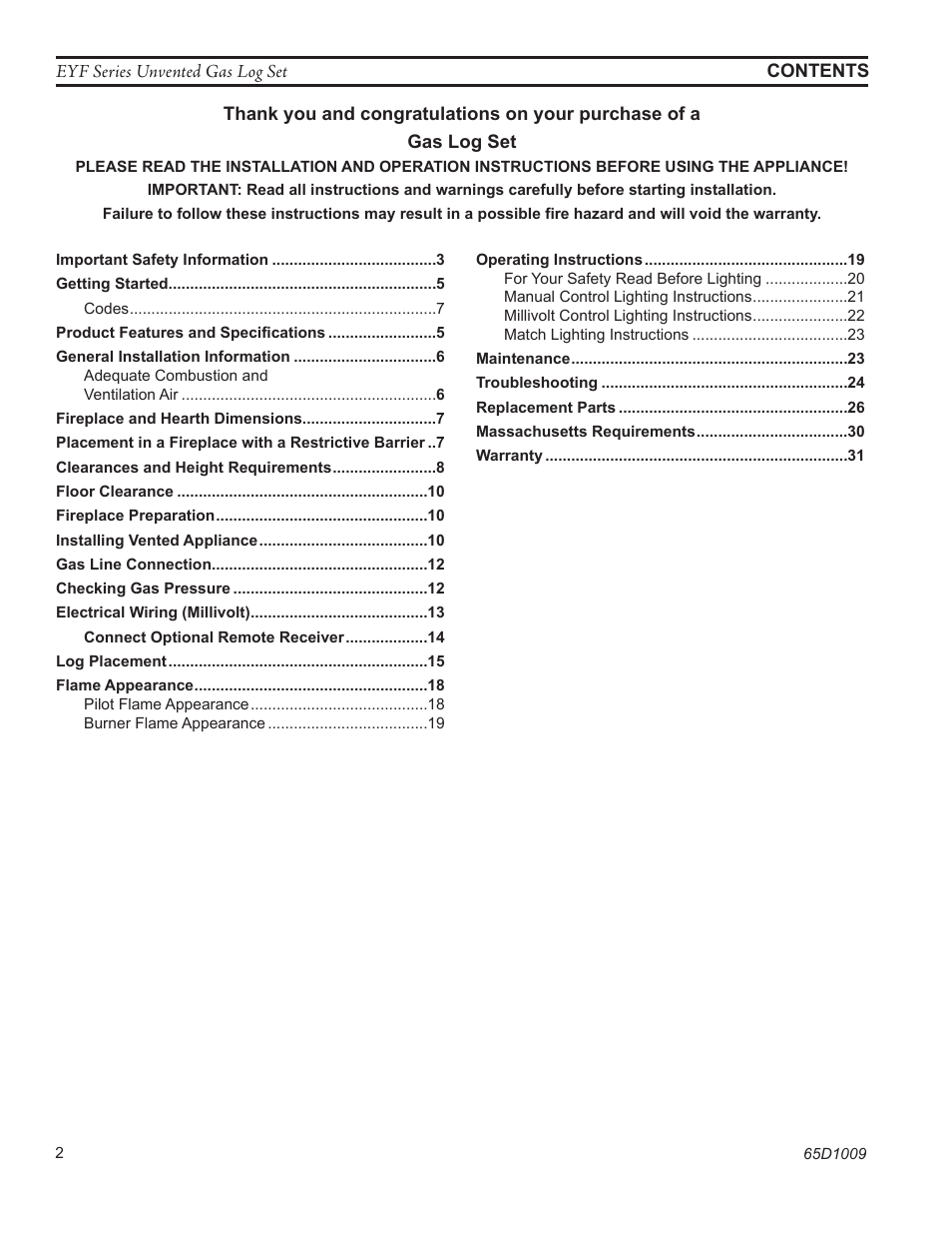 Monessen Hearth EYF18 User Manual | Page 2 / 32