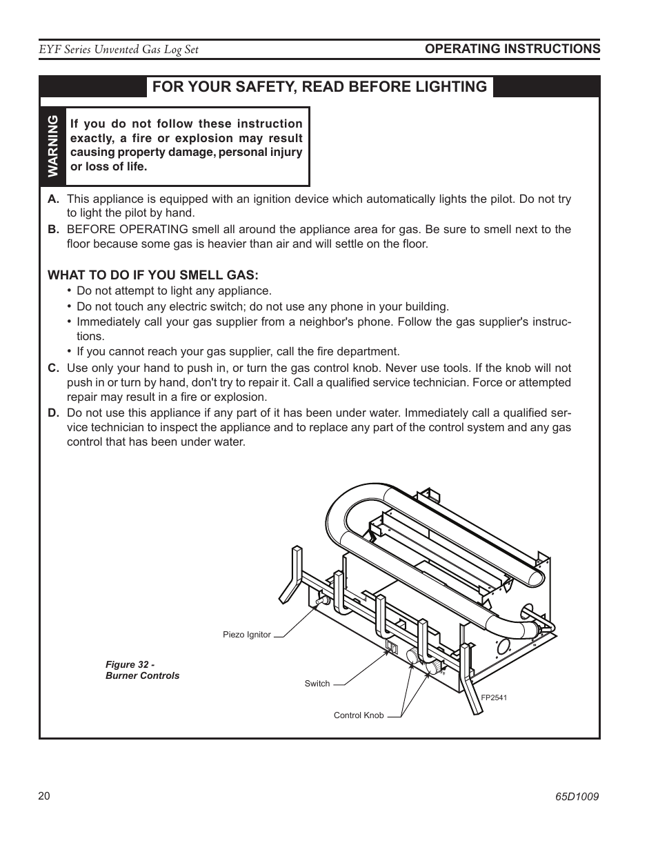 Fp2541 burner controls, For your safety, read before lighting | Monessen Hearth EYF18 User Manual | Page 20 / 32