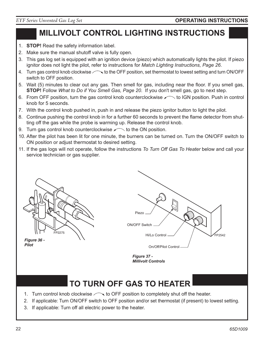 Millivolt control lighting instructions | Monessen Hearth EYF18 User Manual | Page 22 / 32