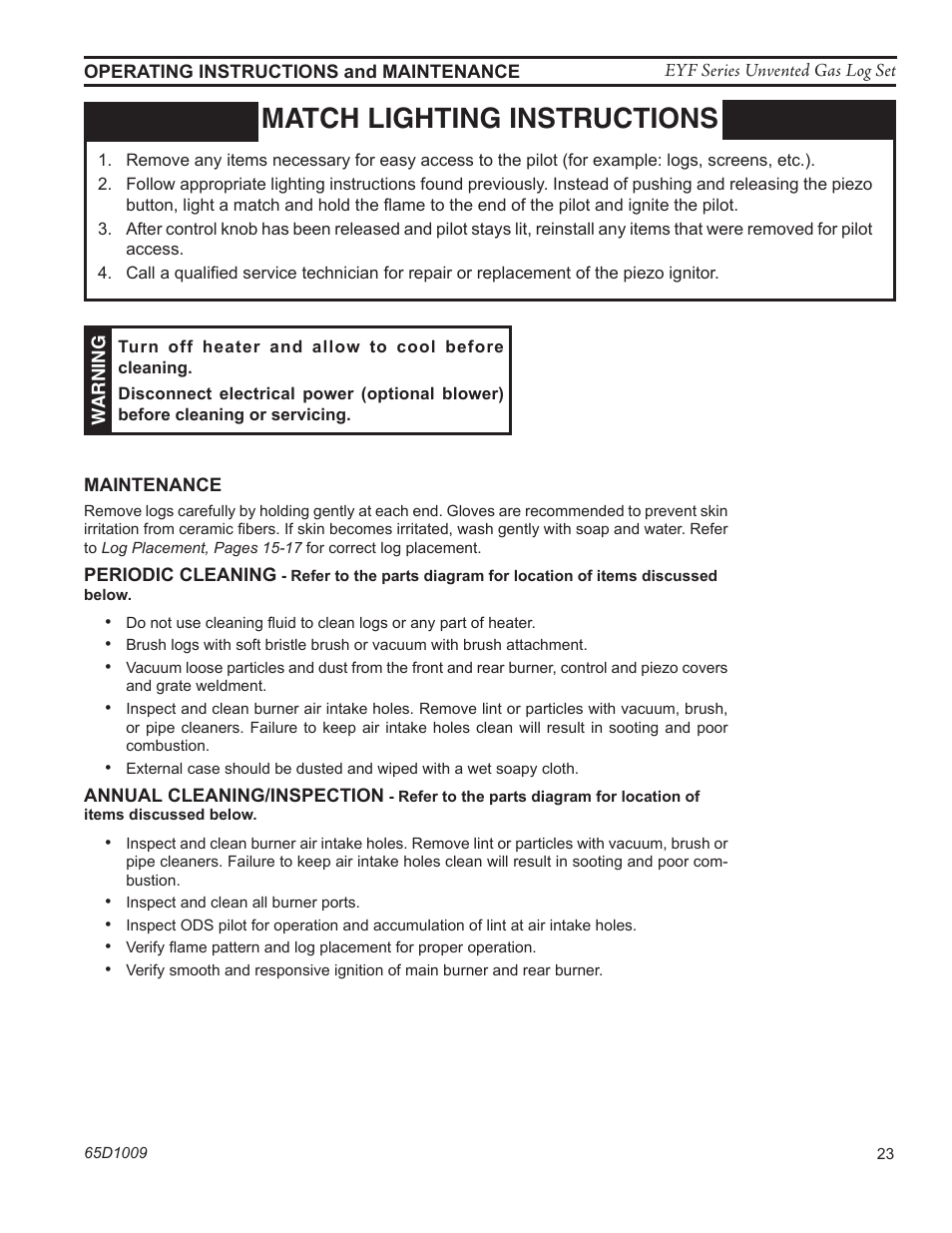 Match lighting instructions | Monessen Hearth EYF18 User Manual | Page 23 / 32