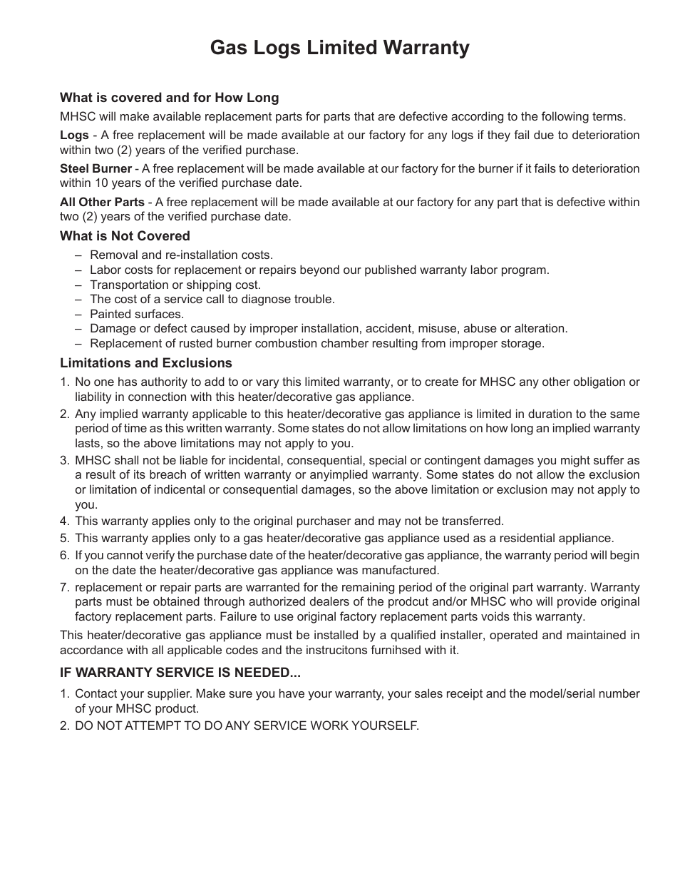Gas logs limited warranty | Monessen Hearth EYF18 User Manual | Page 31 / 32
