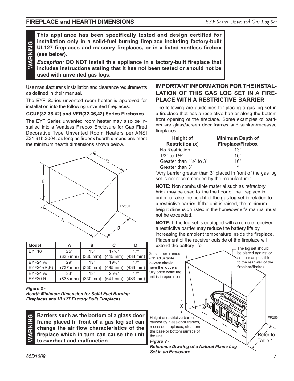 Warning | Monessen Hearth EYF18 User Manual | Page 7 / 32