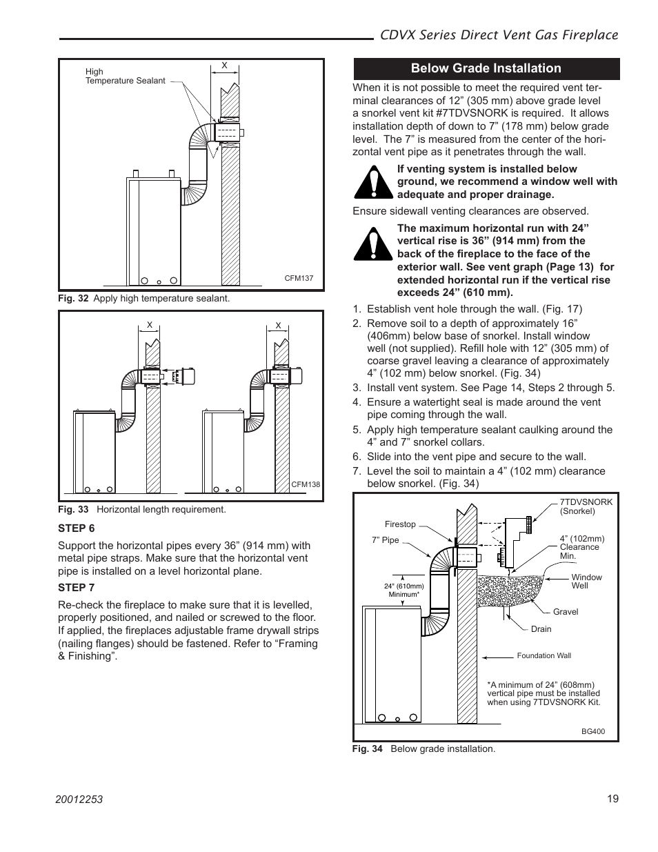 Cdvx series direct vent gas fireplace, Below grade installation | Monessen Hearth 36CDVXTRN User Manual | Page 19 / 44
