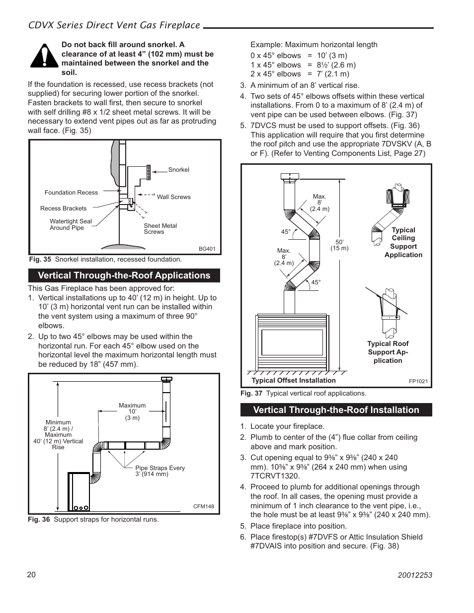 Cdvx series direct vent gas fireplace, Vertical through-the-roof applications, Vertical through-the-roof installation | Monessen Hearth 36CDVXTRN User Manual | Page 20 / 44