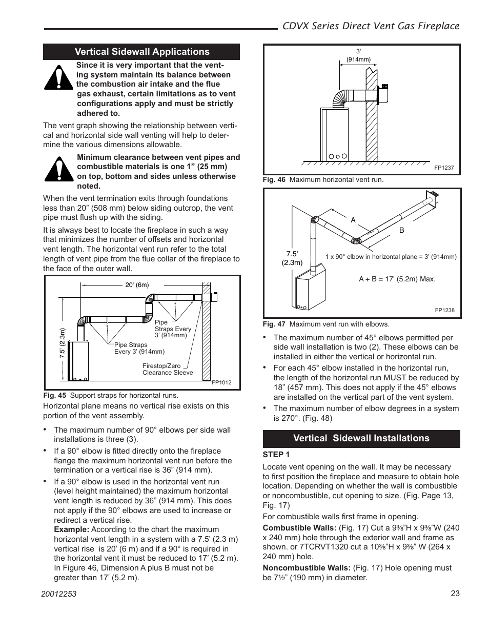 Cdvx series direct vent gas fireplace, Vertical sidewall applications, Vertical sidewall installations | Monessen Hearth 36CDVXTRN User Manual | Page 23 / 44
