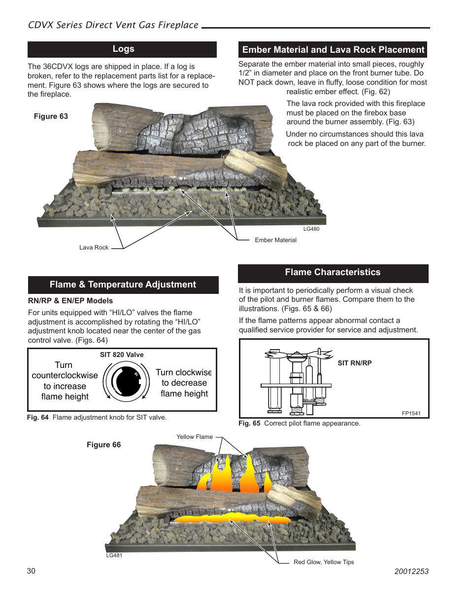 Cdvx series direct vent gas fireplace, Logs, Flame & temperature adjustment | Flame characteristics, Ember material and lava rock placement | Monessen Hearth 36CDVXTRN User Manual | Page 30 / 44