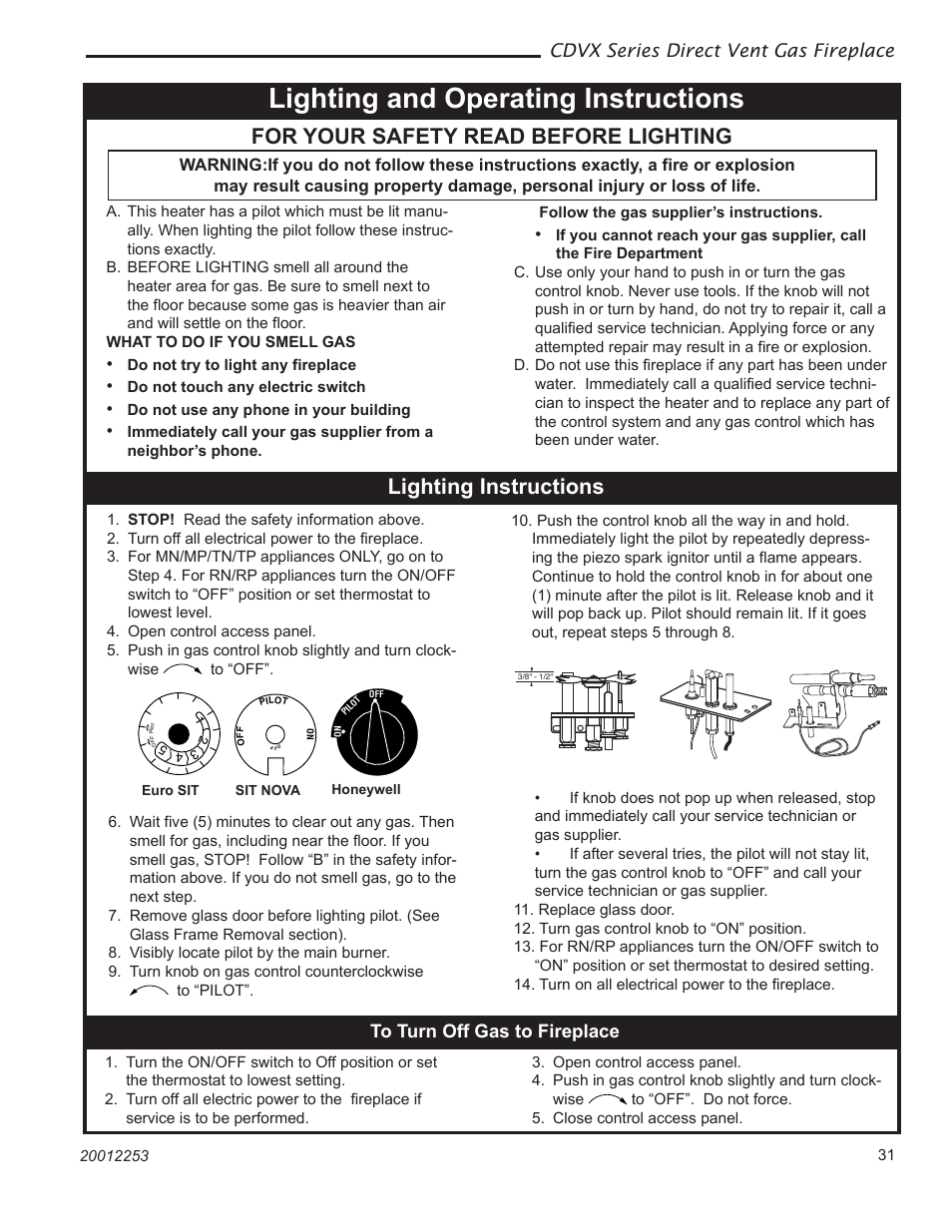 Lighting and operating instructions, For your safety read before lighting, Lighting instructions | Cdvx series direct vent gas fireplace | Monessen Hearth 36CDVXTRN User Manual | Page 31 / 44