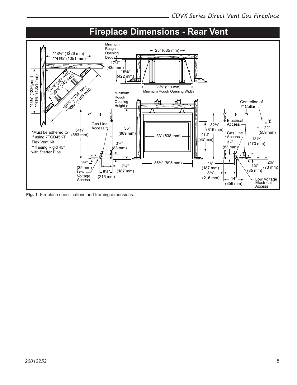 Fireplace dimensions - rear vent, Cdvx series direct vent gas fireplace | Monessen Hearth 36CDVXTRN User Manual | Page 5 / 44