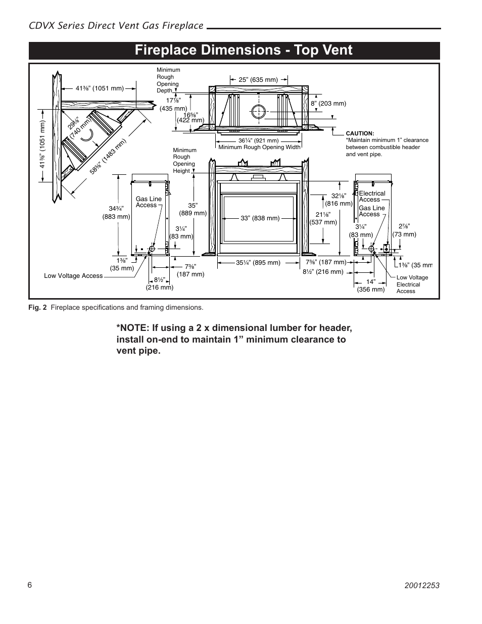 Fireplace dimensions - top vent, Cdvx series direct vent gas fireplace | Monessen Hearth 36CDVXTRN User Manual | Page 6 / 44