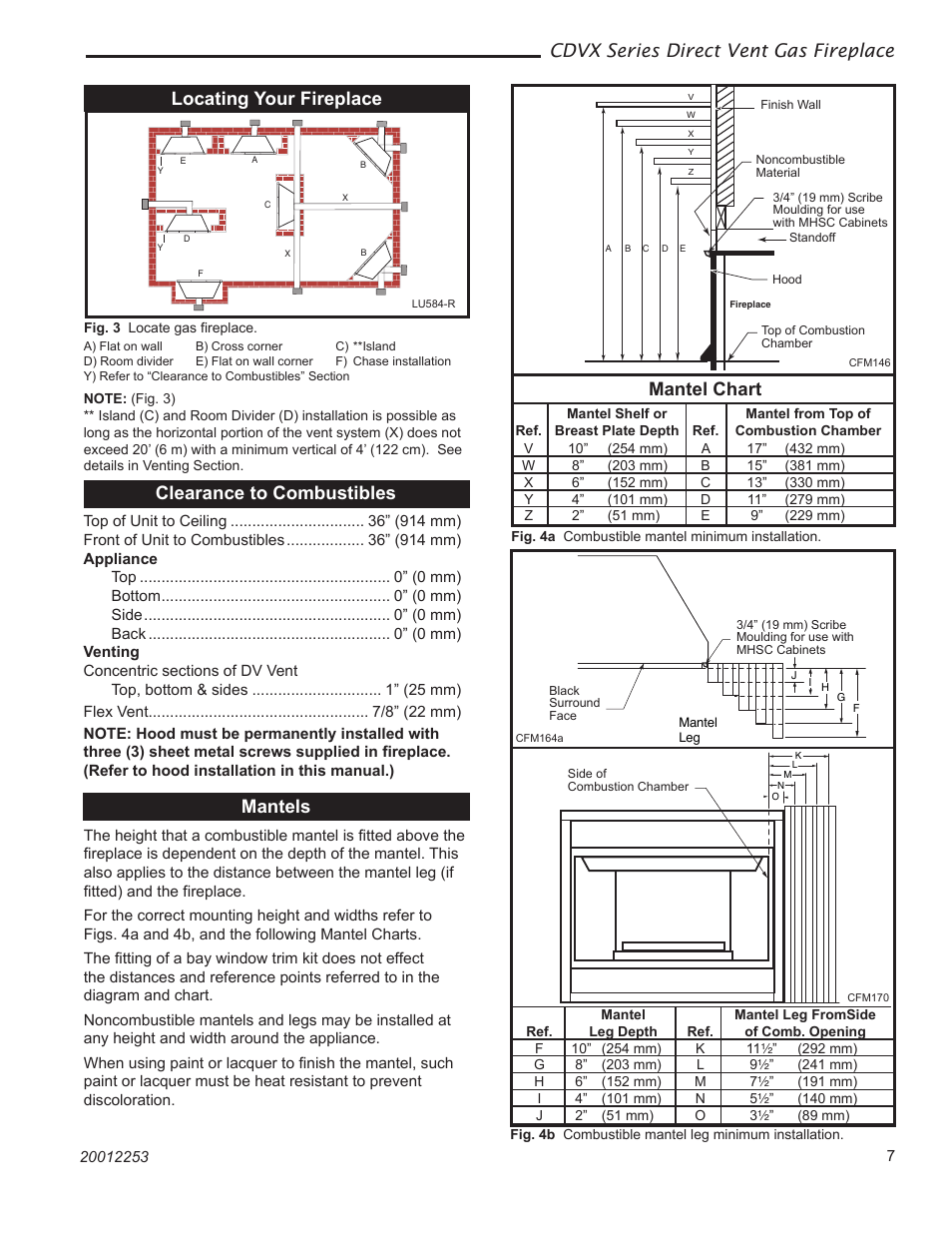 Cdvx series direct vent gas fireplace, Mantels, Clearance to combustibles | Mantel chart, Locating your fireplace | Monessen Hearth 36CDVXTRN User Manual | Page 7 / 44