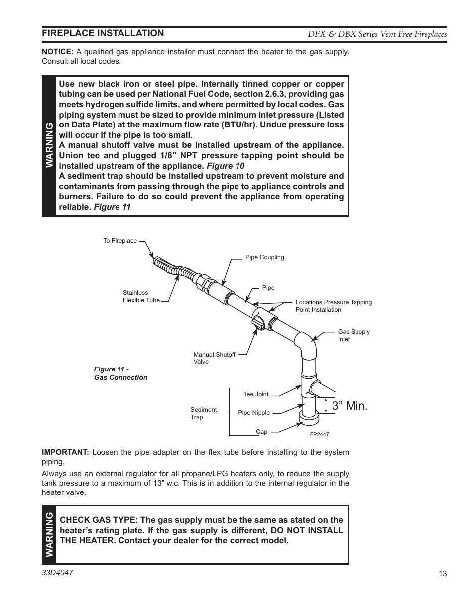 Fp2447 gas connection, 3” min | Monessen Hearth DBX24C User Manual | Page 13 / 36