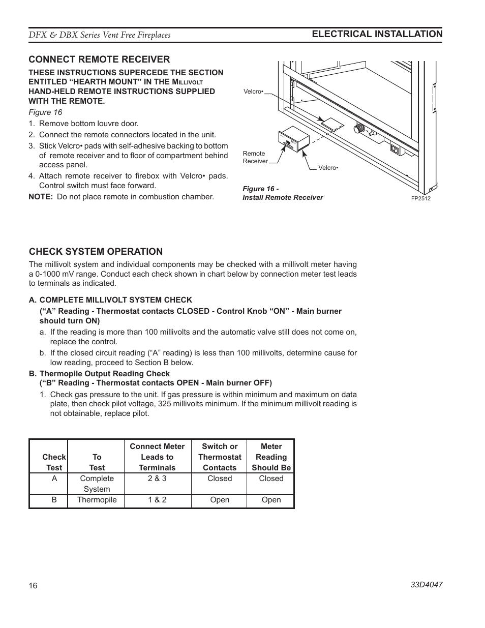 Fp2512 install remote rcvr, Check system operation | Monessen Hearth DBX24C User Manual | Page 16 / 36