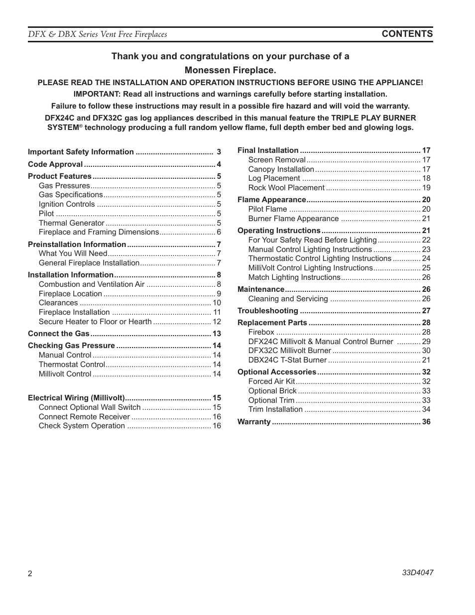 Monessen Hearth DBX24C User Manual | Page 2 / 36