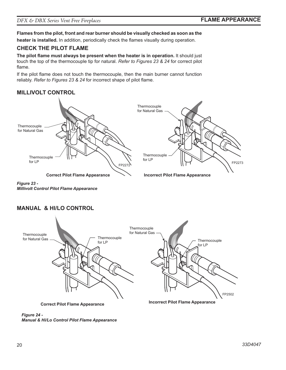 Fp2501 manual pilot flame, Dfx & dbx series vent free fireplaces, Fp2273 pilot bad flame | Flame appearance, Check the pilot flame, Millivolt control, Manual & hi/lo control | Monessen Hearth DBX24C User Manual | Page 20 / 36