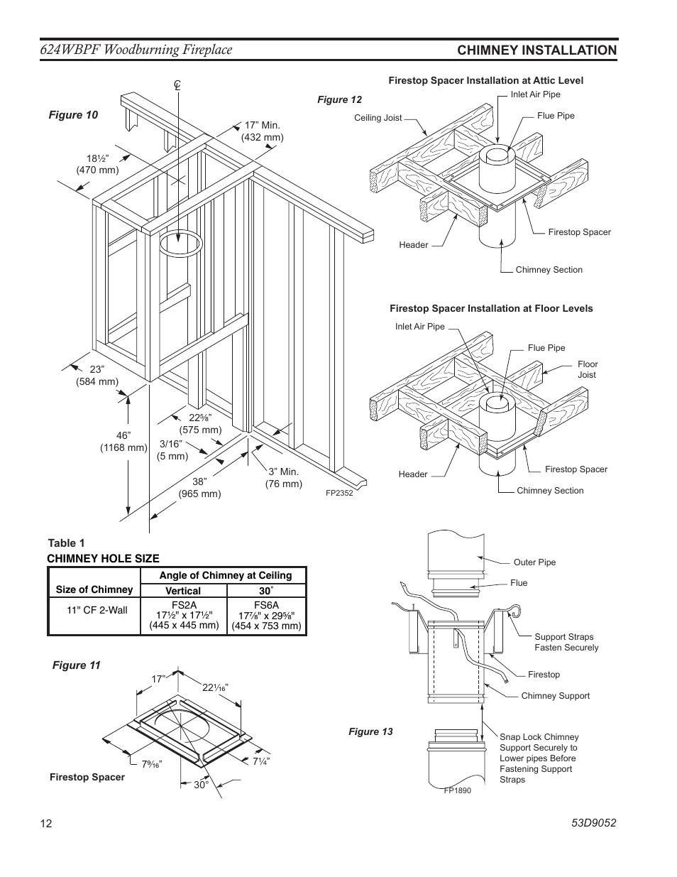 624wbpf woodburning fireplace, Chimney installation, 0 firestop | Monessen Hearth WOODBURNING PENINSULAR 624WBPF User Manual | Page 12 / 32