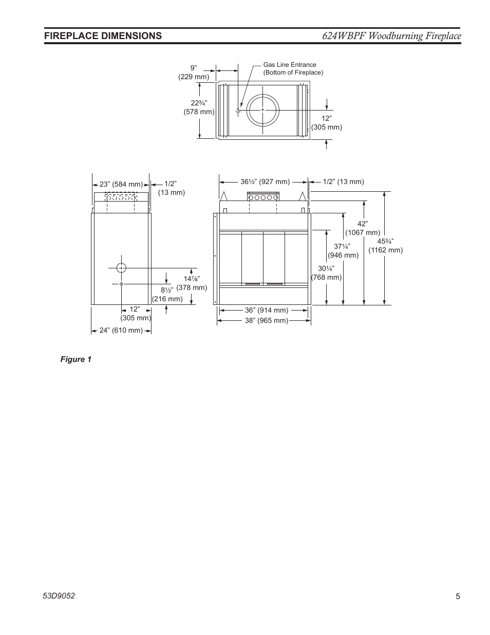 624wbpf woodburning fireplace, Fireplace dimensions | Monessen Hearth WOODBURNING PENINSULAR 624WBPF User Manual | Page 5 / 32