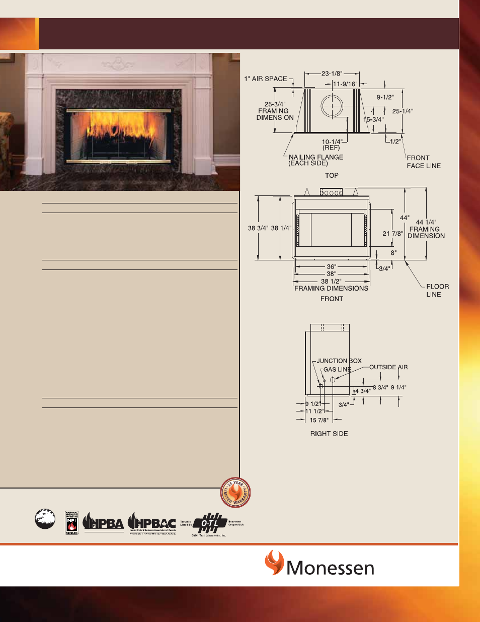 Monessen Hearth DELUXE RADIANT WOOD BURNING FIREPLACE SWB400I User Manual | 1 page
