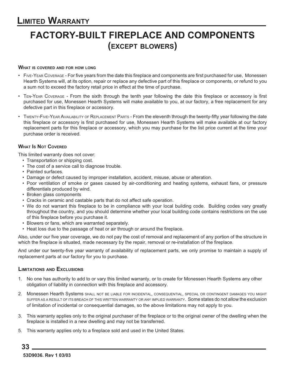 Factory-built fireplace and components, Except, Blowers | Imited, Arranty | Monessen Hearth HWB700HB User Manual | Page 34 / 36