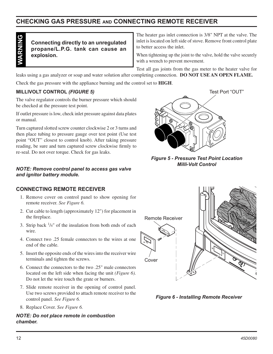 Checking gas pressure, Connecting remote receiver, Warning | Monessen Hearth C2802VF User Manual | Page 12 / 28