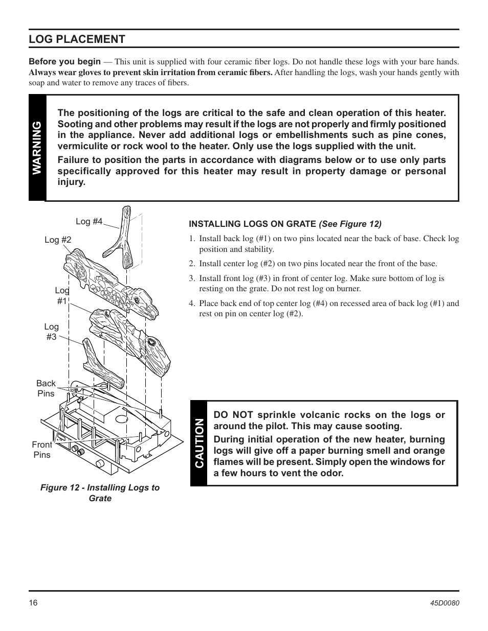 Log placement, Warning, Caution | Monessen Hearth C2802VF User Manual | Page 16 / 28