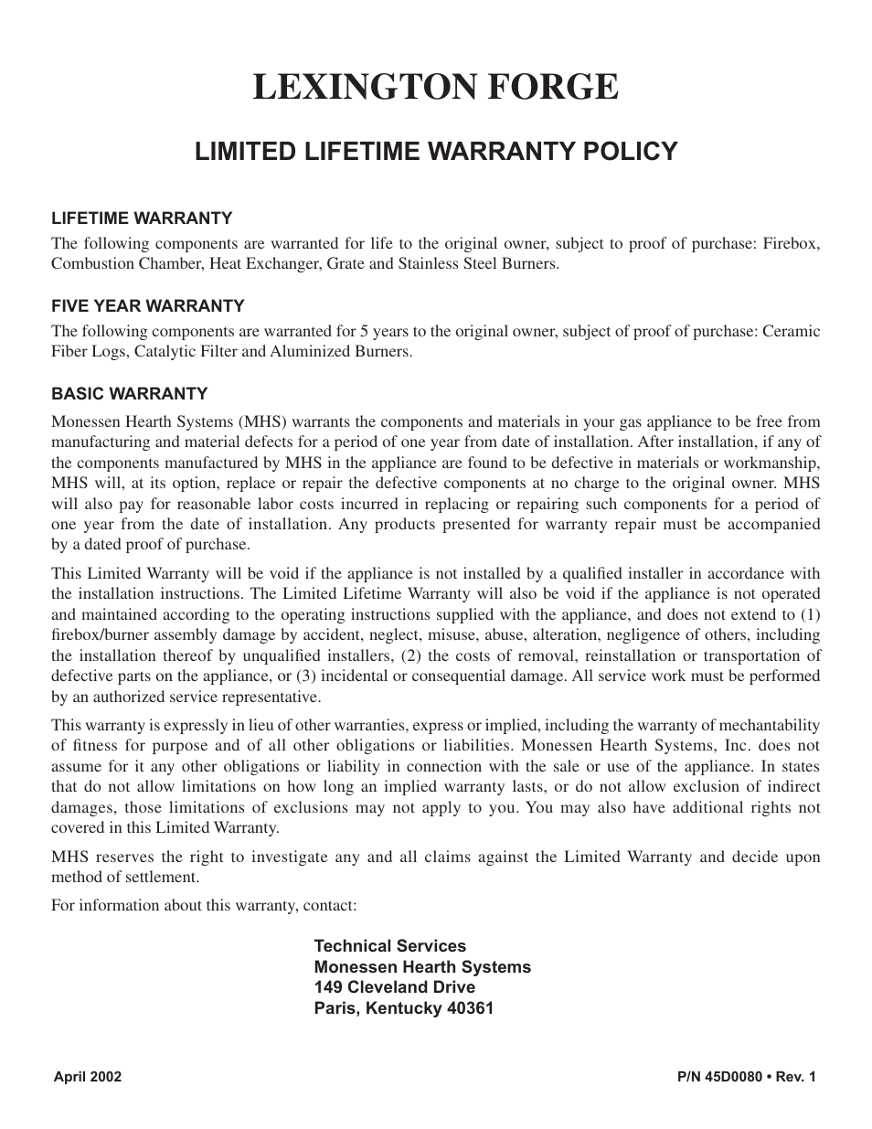 Lexington forge, Limited lifetime warranty policy | Monessen Hearth C2802VF User Manual | Page 28 / 28