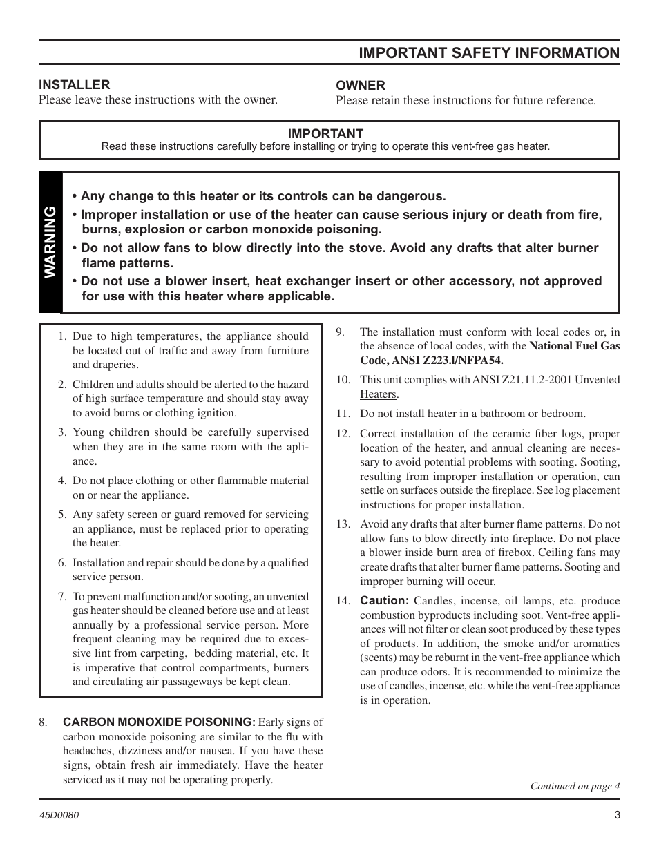 Important safety information, Warning | Monessen Hearth C2802VF User Manual | Page 3 / 28