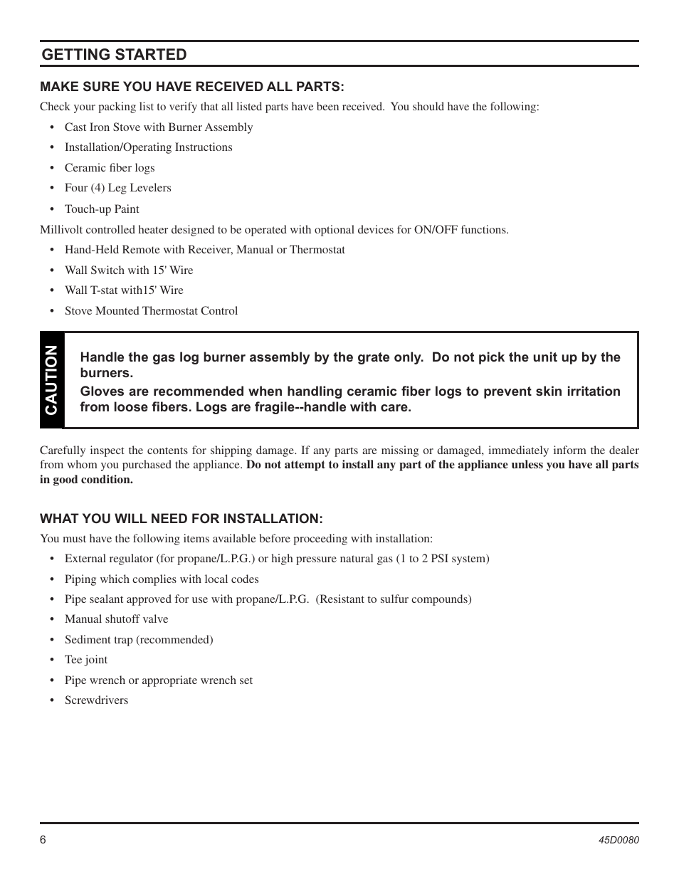 Getting started, Caution | Monessen Hearth C2802VF User Manual | Page 6 / 28