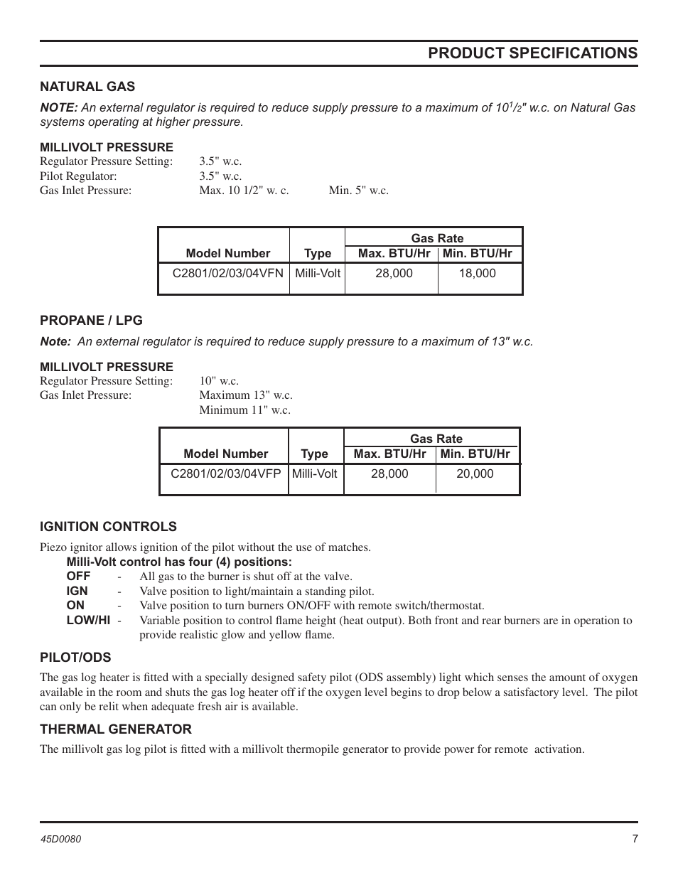 Product specifications | Monessen Hearth C2802VF User Manual | Page 7 / 28