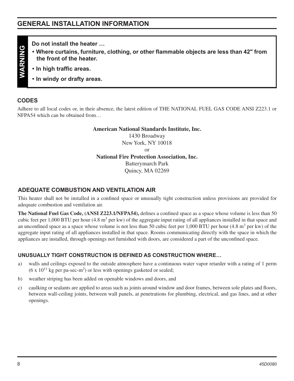 General installation information, Warning | Monessen Hearth C2802VF User Manual | Page 8 / 28