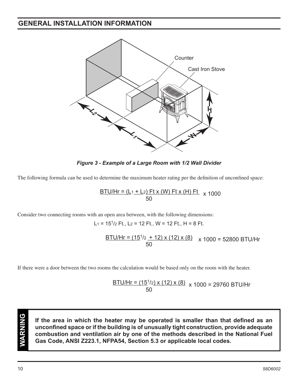 General installation information, Warning | Monessen Hearth CSVF30SPV User Manual | Page 10 / 32