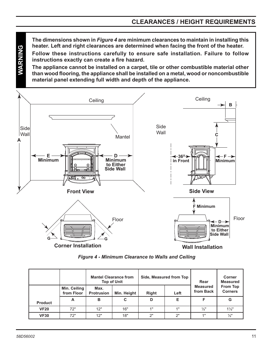 Clearances / height requirements, Warning | Monessen Hearth CSVF30SPV User Manual | Page 11 / 32