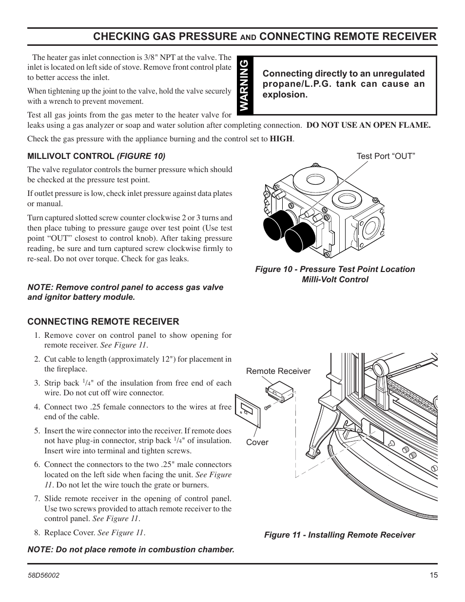 Checking gas pressure, Connecting remote receiver, Warning | Monessen Hearth CSVF30SPV User Manual | Page 15 / 32