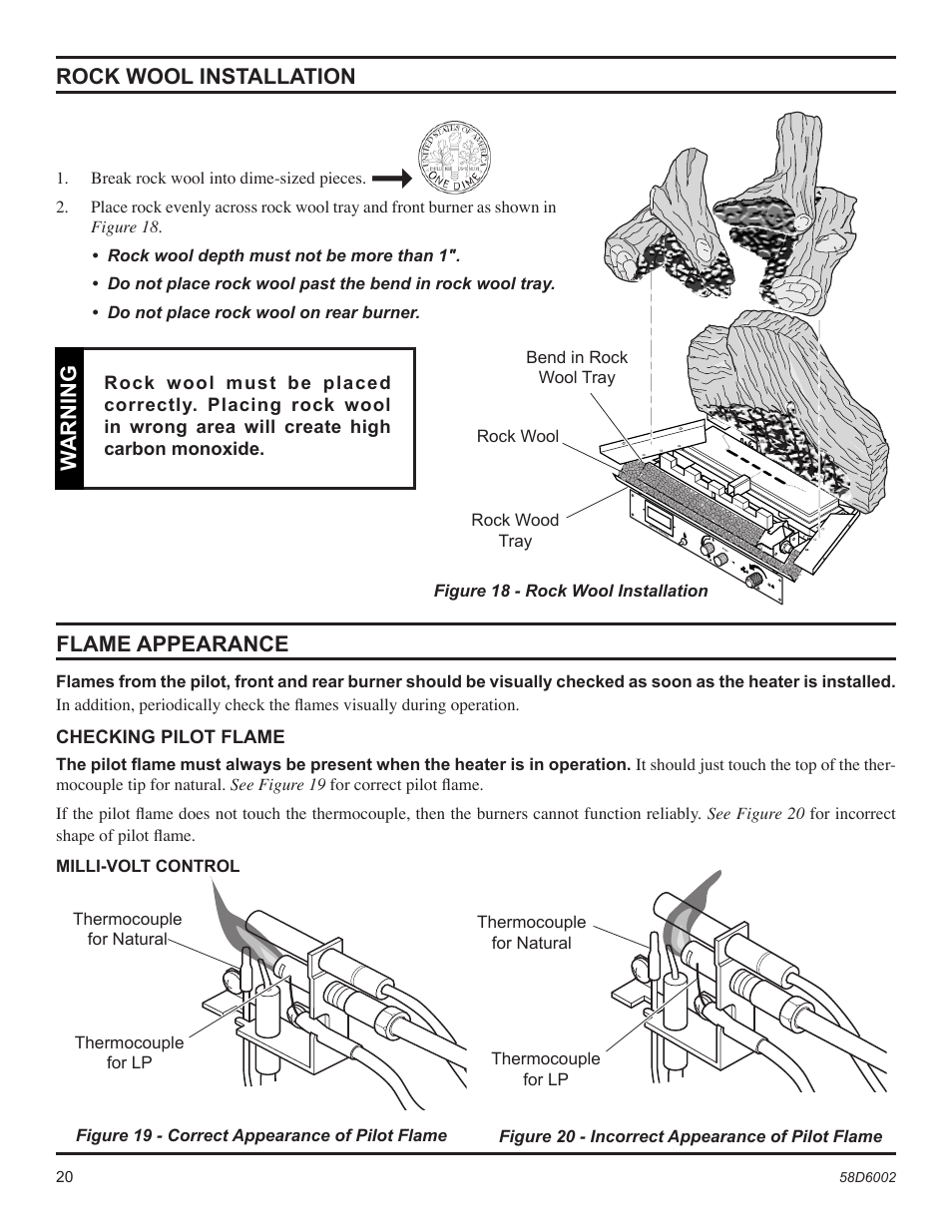 Rock wool installation, Flame appearance, Warning | Monessen Hearth CSVF30SPV User Manual | Page 20 / 32