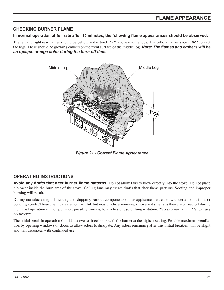Flame appearance, Checking burner flame, Operating instructions | Monessen Hearth CSVF30SPV User Manual | Page 21 / 32