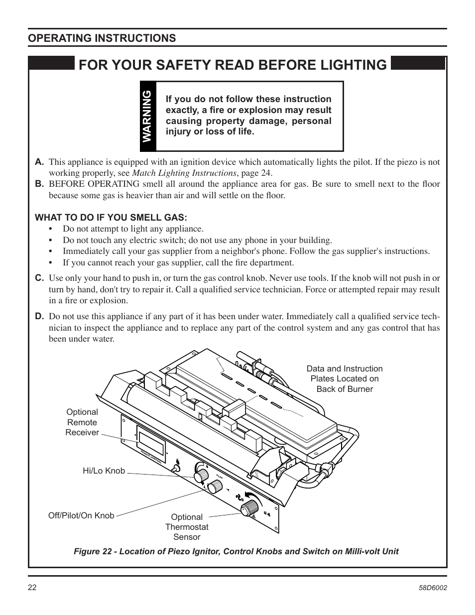 For your safety read before lighting, Operating instructions, Warning | Monessen Hearth CSVF30SPV User Manual | Page 22 / 32