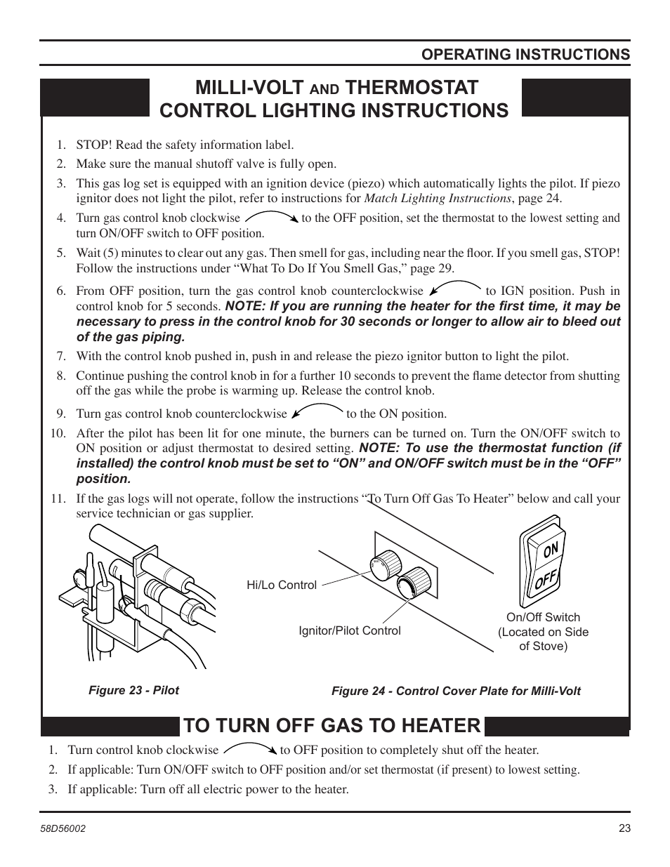 Milli-volt, Thermostat control lighting instructions | Monessen Hearth CSVF30SPV User Manual | Page 23 / 32