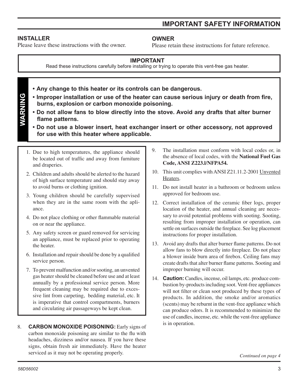 Important safety information, Warning | Monessen Hearth CSVF30SPV User Manual | Page 3 / 32