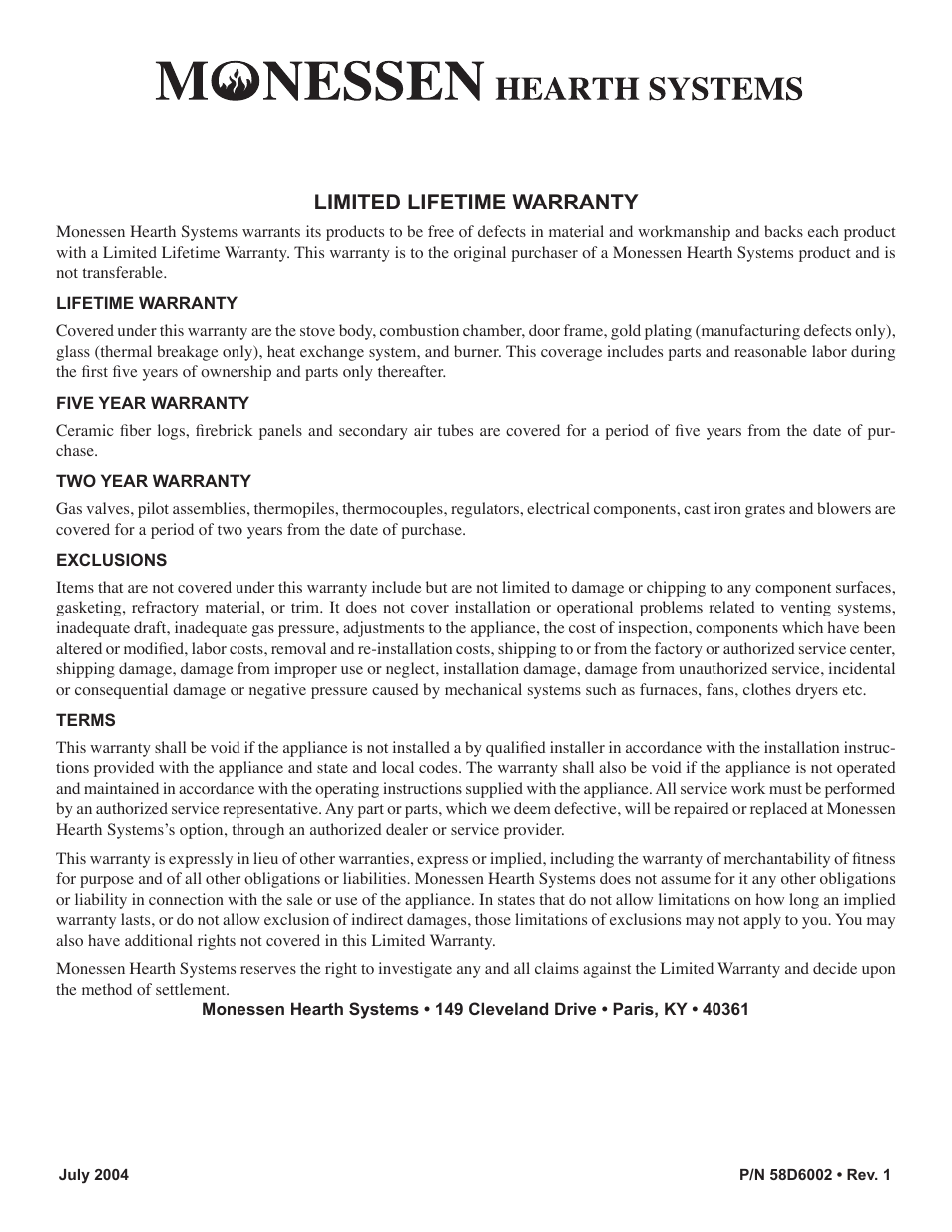 Limited lifetime warranty | Monessen Hearth CSVF30SPV User Manual | Page 32 / 32