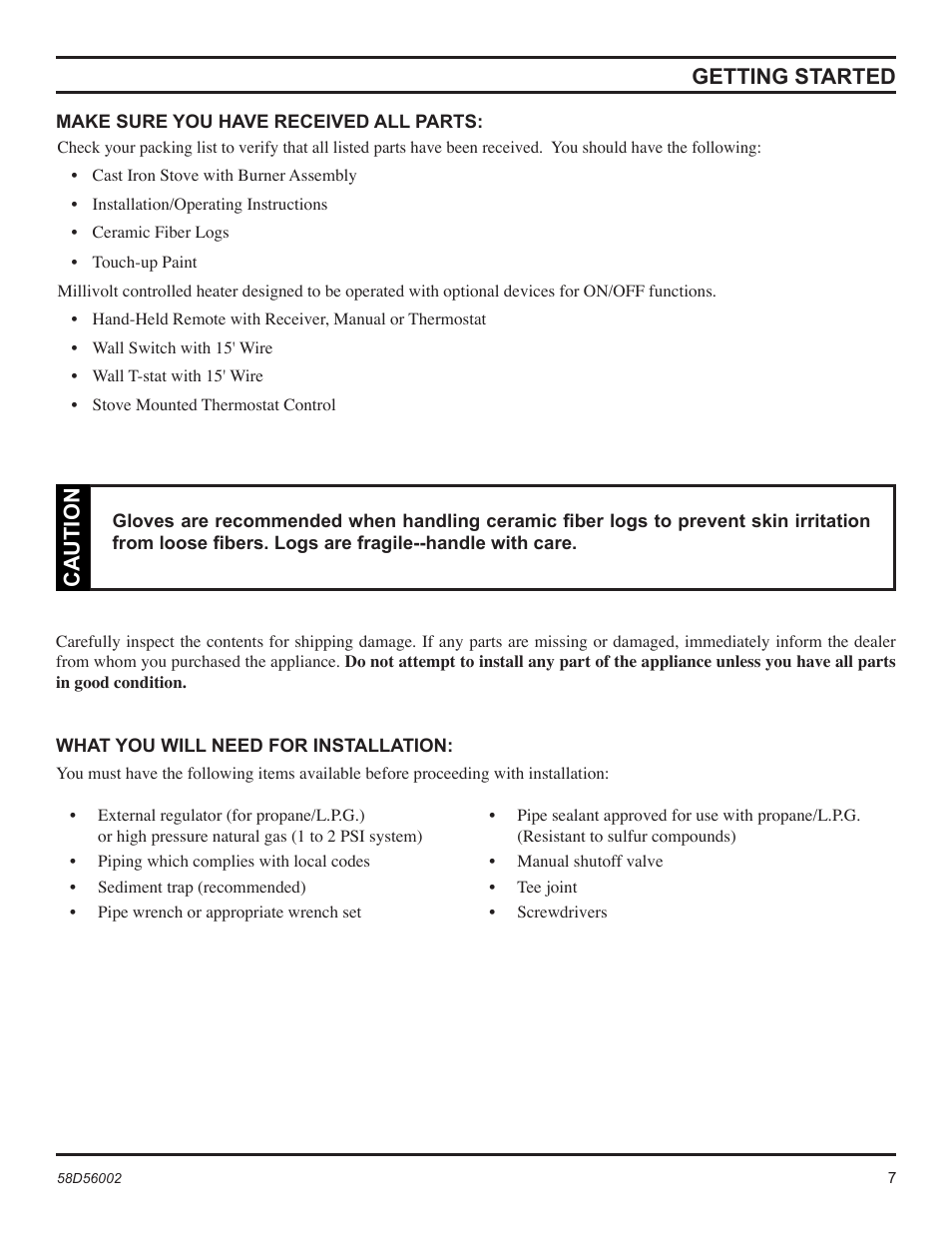 Getting started, Caution | Monessen Hearth CSVF30SPV User Manual | Page 7 / 32
